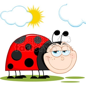 A cartoon illustration of a ladybug with a cheerful face, large eyes, and polka-dotted red wings. The ladybug is standing on grass with a sunny sky background, including clouds and the sun.