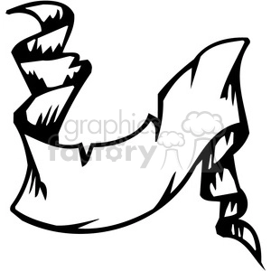 A black and white clipart image featuring a scroll or ribbon with a tattered and abstract design.