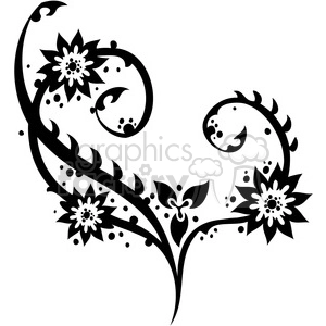 A decorative black and white floral clipart design featuring intricate swirls and flower elements.