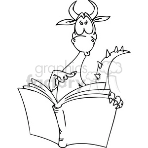The image is a black and white line drawing of a whimsical cartoon dragon character. The dragon has a comical expression, large eyes, and is depicted with a pair of horns and a row of spikes running down its back. It appears to have wings tucked behind it. The dragon is reading a large open book, pointing at the page with one clawed finger, seemingly engaged or curious about the content.