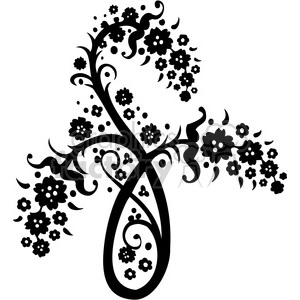 This clipart image features a black silhouette design of floral branches. The design is characterized by an intricate pattern of branching stems adorned with numerous small flowers and leaves, creating a decorative and elegant image.
