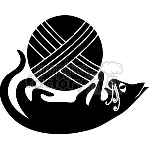 This is a black and white clipart image featuring a stylized silhouette of a black cat playing with a large ball of yarn. The cat appears to be on its back, pawing at the yarn, which is a common playful behavior of felines.