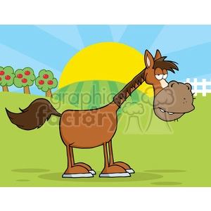 Cartoon illustration of a humorous horse in a green farm setting with apple trees and a sunrise.