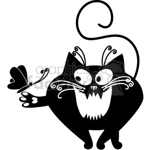 The image is a black and white clipart depicting a stylized black cat that appears animated and somewhat whimsical or cartoonish. The cat's eyes are wide open, and it has exaggerated facial features such as large whiskers and sharp teeth. The tail of the cat forms an ornate spiral at the end. Near the cat's paw, there is a butterfly with its wings spread, and the cat seems to be interacting or playing with the butterfly.