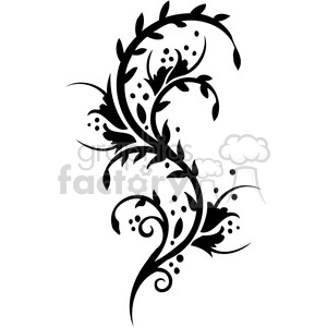 This clipart image features a black, intricate floral design with swirling vines, leaves, and dotted accents. The design is stylized and symmetrical, suitable for decorative purposes.