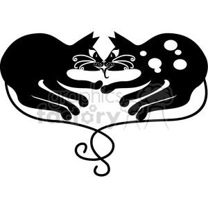 This clipart image depicts two symmetrical black cats facing each other. Their bodies and tails are stylized with smooth, curving lines, and decorative white spots and swirls enhance their silhouettes. The cats' whiskers and facial features are also highlighted with white details, creating a striking contrast against the black of their fur.