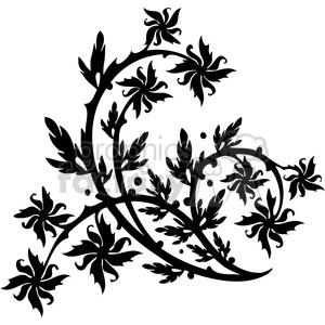 A black and white clipart image featuring an intricate, swirling floral design with leaves and stylized flowers.