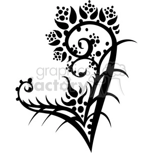 This is a black and white clipart image featuring an intricate floral design. The artwork consists of a combination of swirls, leaves, and dot patterns arranged in a decorative, ornamental style.