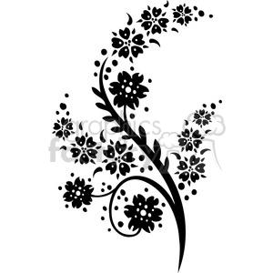 A black and white clipart illustration of a floral design featuring various stylized flowers and leaves arranged in a decorative pattern.