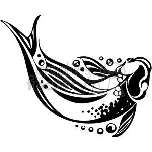 The image is a stylized black and white clipart of a fish, suitable for use as a tattoo design. It features elegant, flowing lines that form the fish's body, with decorative elements such as bubbles and leaf-like patterns, giving it an artistic and ornamental appearance.