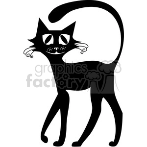 The image is a black and white clipart of a stylized black cat. The cat has prominent white eyes and a whimsical design, featuring curly whiskers and a long, curved tail.