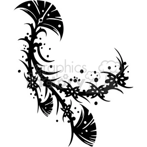 An abstract black floral clipart design with intricate curves, leaf patterns, and dot accents.