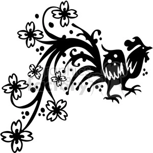 Black and white clipart image of a rooster with intricate floral patterns incorporating flowers and swirls.