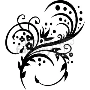 This clipart image features an intricate black floral swirl design with leaves and dots on a white background.