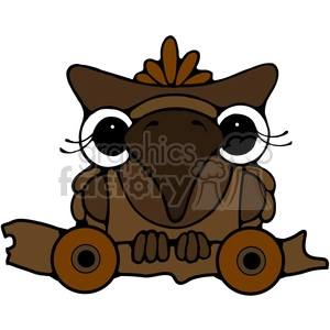 A cute cartoon owl in shades of brown, sitting on a branch with wheels. The owl has large, expressive eyes and is depicted in an adorable and whimsical style.