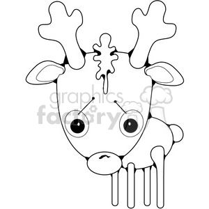 A black and white clipart image depicting a cartoon reindeer with large eyes and an exaggerated, whimsical expression.