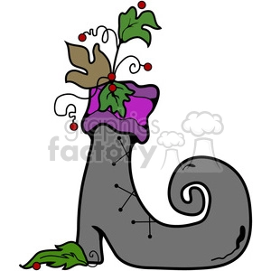 A festive elf shoe clipart with a curled toe, decorated with green leaves, red berries, and a purple cuff.