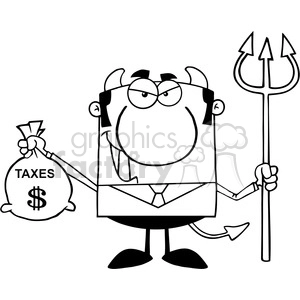 Clipart of Smiling Devil With A Trident And Holding Taxes Bag