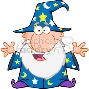 A cartoonish image of a wizard character with a large, happy smile, bushy white beard, and a star-and-moon patterned blue hat and robe. The wizard appears cheerful, with arms outstretched.