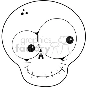 A black and white clipart image of a cartoon skull with large, exaggerated eyes and a stitched smile.