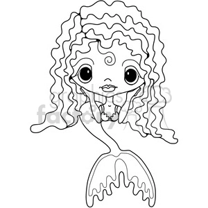 A cute and whimsical black and white clipart of a mermaid with long wavy hair and big expressive eyes. The mermaid has a smiling face and is resting her head on her hands.