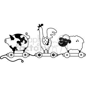 A black and white clipart image featuring a toy train with three cartoon animals on train cars: a pig, a rooster, and a sheep.