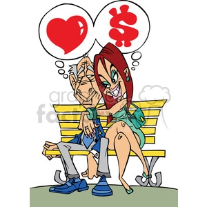 The clipart image portrays a comical female character who is depicted as a gold digger. She is sitting on a bench next to a man who could be her boyfriend, husband, lover, or simply a potential source of money. The couple is shown in a park-like setting, suggesting they are outside. Overall, the image humorously depicts a relationship where one person is more interested in money than the other, potentially at the expense of genuine love and affection.
