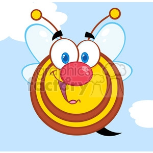 A cheerful and colorful cartoon bee with big blue eyes and a happy expression, set against a light blue sky background with a few white clouds.
