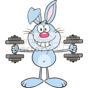 Clipart image of a blue cartoon rabbit holding two dumbbells and smiling.