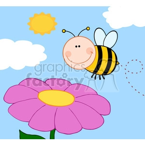 Cute clipart image featuring a smiling bee flying near a large pink flower with a yellow center. The background includes a blue sky, white clouds, and a bright yellow sun.