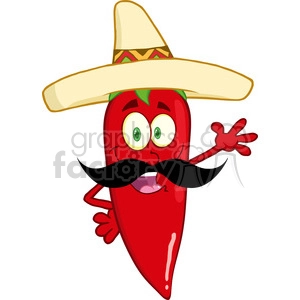 6778 Royalty Free Clip Art Smiling Red Chili Pepper Cartoon Character With Mexican Hat And Mustache Waving For Greeting