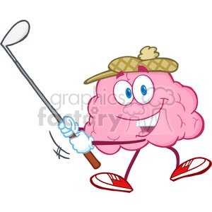 5842 Royalty Free Clip Art Smiling Brain Cartoon Character Swinging A Golf Club
