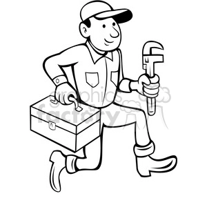 black and white plumber with toolbox
