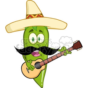 6800 Royalty Free Clip Art Green Chili Pepper Cartoon Character With Mexican Hat And Mustache Playing A Guitar