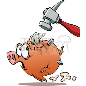 The clipart image depicts a hammer chasing a piggy bank while the piggy bank is running away. The piggy bank represents money savings, and the hammer may symbolize a threat to that savings, such as financial difficulties or unexpected expenses.
