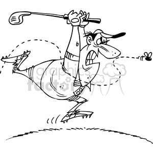 black white cartoon golfer chasing a bee