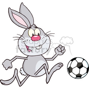 A cartoon gray bunny with large ears and a pink nose playing soccer with a black and white soccer ball.