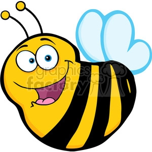 A cheerful, cartoon-style bee with big expressive eyes, a smiling face, yellow and black striped body, and blue wings.