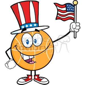 Royalty Free RF Clipart Illustration Happy Basketball Cartoon Character With American Patriotic Hat And USA Flag