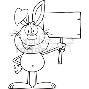 This clipart image depicts a cartoon rabbit holding a blank wooden sign with one paw and the other paw resting on its hip. The rabbit has a cheerful expression and one of its ears is folded over.