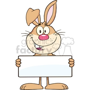 A cute cartoon bunny holding a blank white sign. The bunny has a big smile, pink nose, and long ears, one of which is flopped over. The sign is clear and ready for custom text or images.