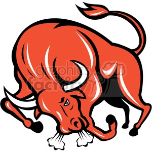 The clipart image shows a stylized red bull charging forward with an angry expression. The design has a retro feel to it and is reminiscent of the imagery commonly associated with Western culture, including ranches, rodeos, and country life. The image captures the wild and powerful nature of bulls, which are often used in these contexts for their strength and agility.
