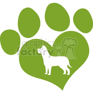 The clipart image features a green paw print shape with a heart in the center. Inside the heart, there's a white silhouette of a dog. The overall image represents love for animals, typically dogs.