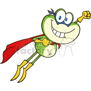 This clipart image features a whimsical, cartoon-style frog portrayed as a superhero. The frog is depicted in mid-flight, with a large, cheerful smile, and wearing a blue superhero mask over its eyes. It has a red cape flowing behind it, a yellow glove on one raised hand, and two frog feet that have been humorously fitted with yellow and gold superhero boots, each boot with three pointed ends to accommodate the frog's three toes.