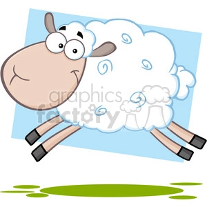 The image is a clipart of a cartoon sheep. The sheep is depicted in a whimsical and humorous style, with an exaggeratedly fluffy white body, a large tan face, and oversized eyes giving it a comical expression. It appears to be leaping or jumping, as indicated by the position of its legs and the slant of its body against a light blue background, suggesting the sky. Below the sheep is a fringe of green, hinting at grass or ground.