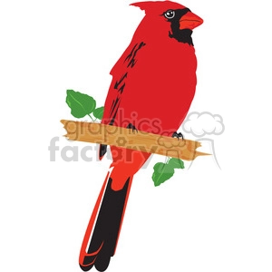 A vibrant clipart illustration of a red cardinal bird perched on a wooden branch with green leaves.
