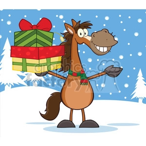 Cheerful Cartoon Horse Holding Christmas Presents in Snowy Winter Scene