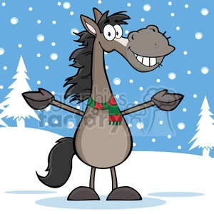 The image is a cartoon-style clipart featuring a horse. The horse is brown with a black mane and tail, stands upright on two legs, and is smiling broadly while it wears gloves and a red and green scarf. The scene is set in a snowy environment indicated by the presence of snowflakes falling from the sky and a layer of snow on the ground. In the background, there's one white, snow-covered pine tree, which adds to the wintery theme of the clipart. The overall composition of the image gives off a cheerful and humorous vibe associated with the winter or holiday season.