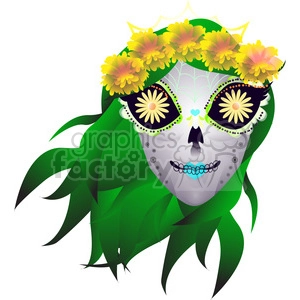 Day of the Dead skull illustration with green hair