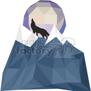 Clipart image of a low-poly style wolf howling on a mountain with a full moon in the background.